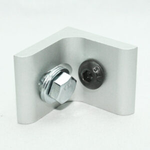 L-shaped metal mounting bracket secured by a large hex nut and bolt with a black plastic cap nearby