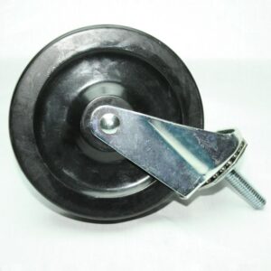 Black caster wheel with a metal mounting arm and threaded stem.
