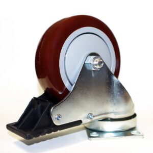 Red polyurethane caster wheel with metal mounting plate and black base on a white background.
