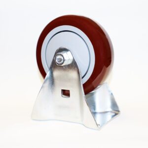 Red polyurethane caster wheel mounted on a silver metal swivel bracket against a white background, part of furniture hardware.