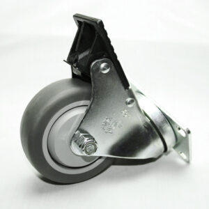 Metal brake caster with gray polyurethane wheel and mounting plate; shows bolt axles and brake lever at top.