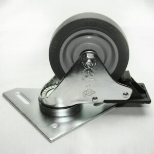 Swivel caster wheel mounted on a metal plate with a grey rubber wheel and chrome housing.