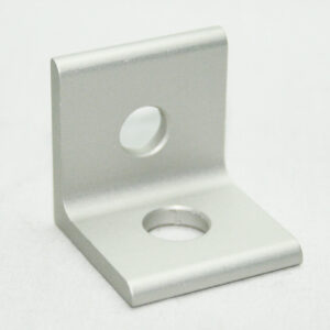 Silver L-shaped metal mounting bracket with two circular screw holes (one on the vertical leg, one on the base).