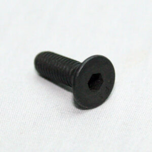 Black hex-socket screw with a flat head lying on a white surface.