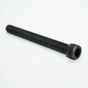 13FA3319_5__editedjpg | Faztek Industrial Solutions Black socket-head cap screw with a long threaded shank on a white surface on a diagonal angle, showing the hex drive at the head.