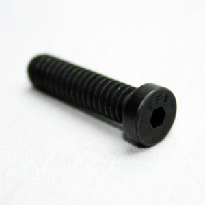 13FA3362_2__editedjpg | Faztek Industrial Solutions Black hex‑socket head cap screw lying on a white surface, showing its threaded shaft and flat head.