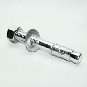 Metal bolt with hex nut and washer on a white background, lying horizontally.