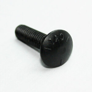 Black bolt with threaded shaft and a round, numbered head resting on a white surface, photographed up close.