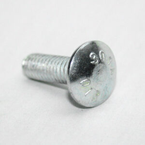 Close-up of a shiny metal bolt with a threaded shaft on a white background.