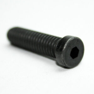 Close-up of a black flange hex-socket bolt lying on a white surface, showing the hex recess in the head and threaded shaft.