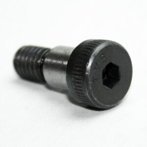 Small black hex-socket cap screw lying on a white surface, viewed from the side.