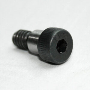 Small black socket head cap screw with hex drive on a white background.