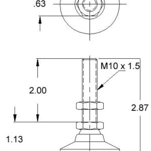 13FF8132jpg | Faztek Industrial Solutions Engineering drawing of a leveling bolt assembly: a threaded M10 x 1.5 stud with hex nut(s) and a wide base, shown in side and top views. Overall height 2.87, base diameter 1.25, stud length 2.00, base thickness 1.13. Top view shows a 0.63 diameter feature at the stud center.