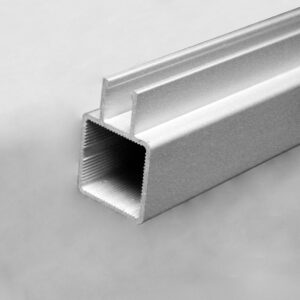 Rectangular aluminum channel extrusion with a square hollow cross-section, shown at an angle on a light background.