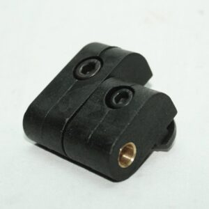 Two-part black plastic clamp with two screw holes and a brass threaded insert, likely a mounting connector for equipment