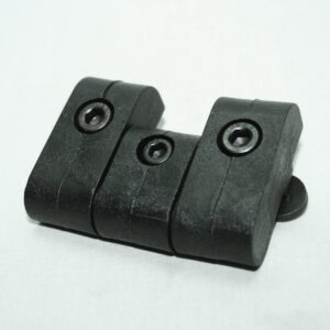 Black plastic dual-tube clamp with three hex socket screws, used to secure two rods together.