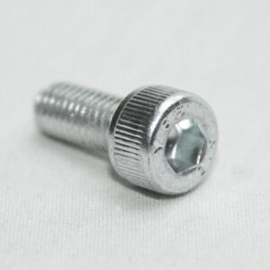 13MFA3641_2__editedjpg | Faztek Industrial Solutions Close-up of a small silver hex socket head cap screw lying on a white surface with a knurled head edge.