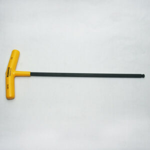 Yellow T-handle punch tool with a long black shaft resting on a light background.