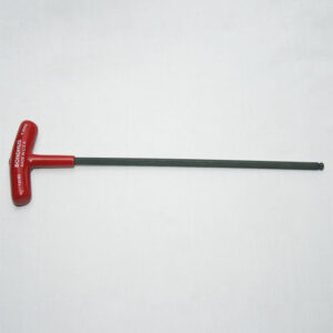Red T-handle hex wrench with a long slender shaft for reaching screws.