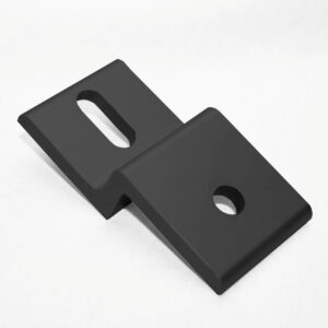 Black metal L-shaped mounting bracket with an elongated slot on one arm and a circular hole on the other for joining components.