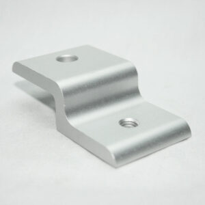 Silver metal L-shaped mounting bracket with two screw holes for mounting surfaces