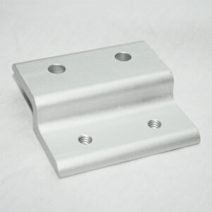 Silver metal L-bracket with two large top holes and two threaded bottom holes for mounting, angled shape for support.