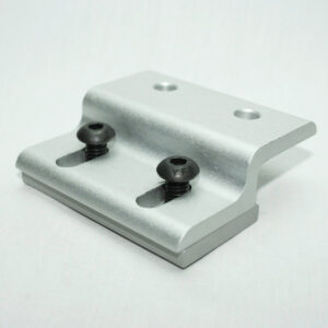 Silver L-shaped mounting bracket with two screws and two top holes on a white background.