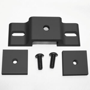 Metal mounting bracket kit: central bracket with side tabs, two square plates with holes, and two screws for assembly