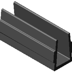 Isometric view of a dark gray U-channel metal extrusion with an open side on the right.