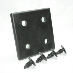 15AC7932_3__editedjpg | Faztek Industrial Solutions Black mounting plate with four holes and four black drive screws laid in front of it, hardware for installation.