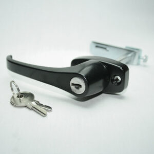 15AC7955_3__editedjpg | Faztek Industrial Solutions Black door lever with a built-in lock and two keys on a white surface, highlighting a security locking mechanism.