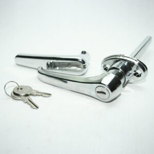 Chrome door lever lock with round escutcheon and a set of keys on a ring next to it, on a white background.