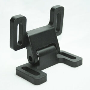 Black metal mounting bracket with two upright loop arms and a central hinge, resting on a base with two horizontal slots