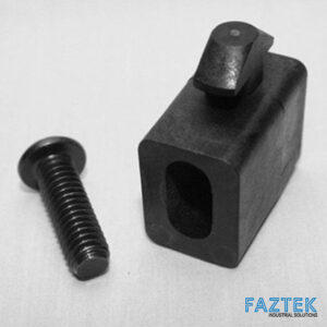 Black metal mounting block with a square opening and a small top bolt, shown beside a threaded screw; Faztek Industrial Solutions logo in the corner.