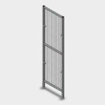 Freestanding metal mesh panel with a two-section frame and base feet, used as a security barrier or partition.