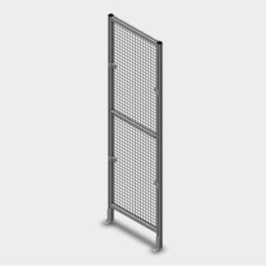 Freestanding metal mesh panel with a two-section frame and base feet, used as a security barrier or partition.