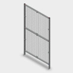 Tall gray steel panel with welded wire mesh, freestanding gate/fence section on feet
