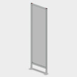 Tall freestanding metal-framed room divider with a grey panel and a sturdy base on a light background.