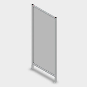 Freestanding metal-framed privacy screen with a gray panel and base feet.