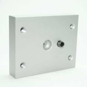 Square aluminum mounting plate with five threaded holes and a central through-hole for assembly.