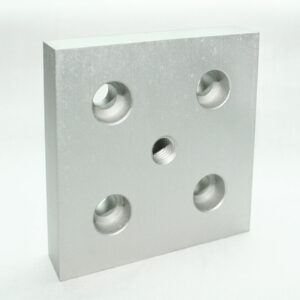 Silver aluminum mounting plate with four large holes and a central threaded hole.