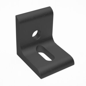 Black metal L-bracket with a circular hole and an elongated slot for mounting.