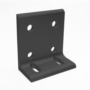 Black metal L-shaped mounting bracket with two circular holes on the vertical leg and two slotted holes on the base for mounting.