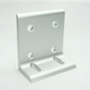 Silver metal L-bracket with four circular holes and two slotted mounting holes for screws, shown on a light background.