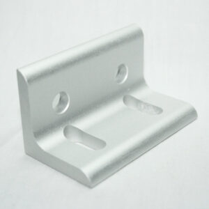 Silver metal L-bracket with two circular holes and two elongated slots for mounting