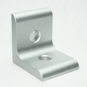 L-shaped silver metal mounting bracket with two holes for screws