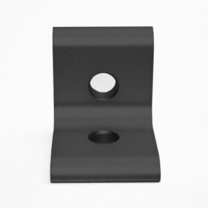L-shaped black metal mounting bracket with two screw holes for attachment