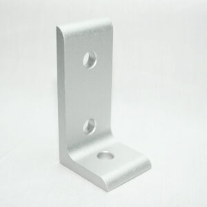 Silver matte metal right-angle bracket with three circular holes (two on the vertical arm, one on the base).