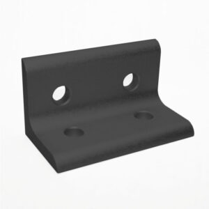 Black metal L-shaped mounting bracket with four holes for screws/bolts