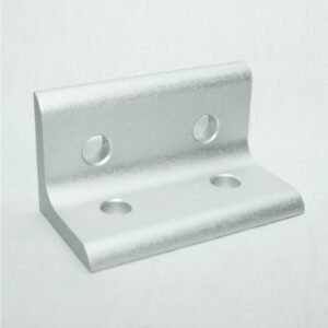 Silver metal L-bracket with four round holes (two on each leg) for mounting or fastening.